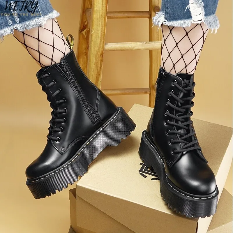 2020 Black Martin Boots Genuine Leather Boots For Women Ankle Boots Punk Dr Motorcycle Shoes Thick Heel Platform Winter Shoes