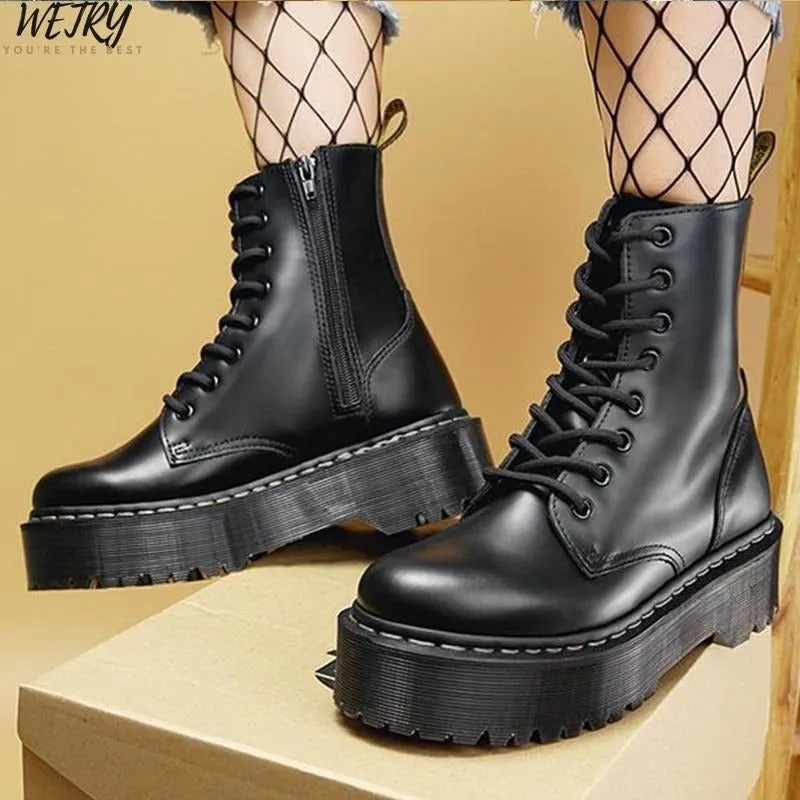 2020 Black Martin Boots Genuine Leather Boots For Women Ankle Boots Punk Dr Motorcycle Shoes Thick Heel Platform Winter Shoes