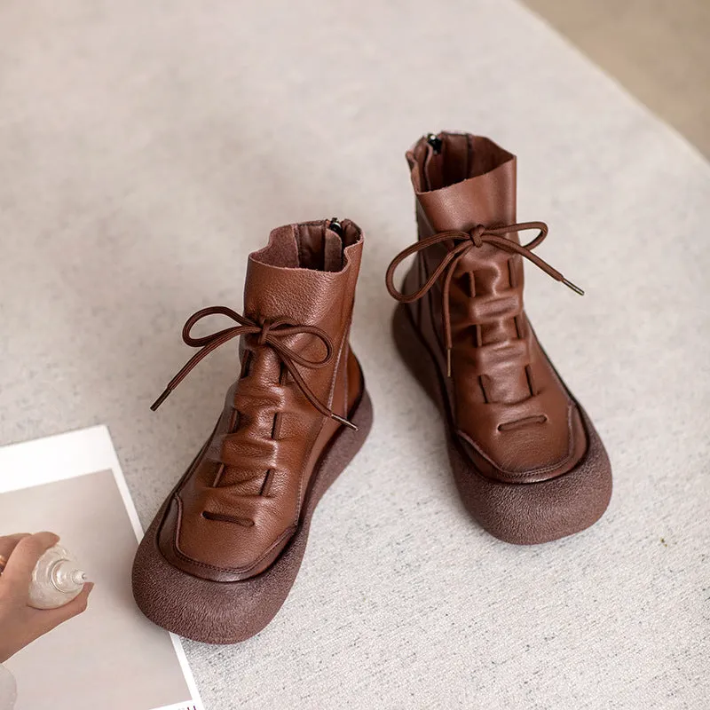 Babakud Women Autumn Retro Leather Lace- Up Flat Martin Boots