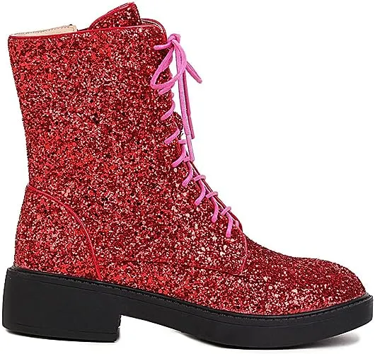 Lace Up Glitter Sequin 4cm-red Combat Boots