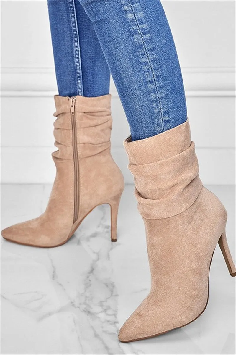 Ludovica Side Zipper Suede Pointy Toe High Heel Booties - Beige