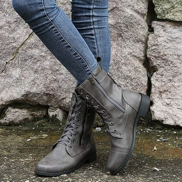 Women'S Vintage Lace Up Side Zip Martin Boots 01530057